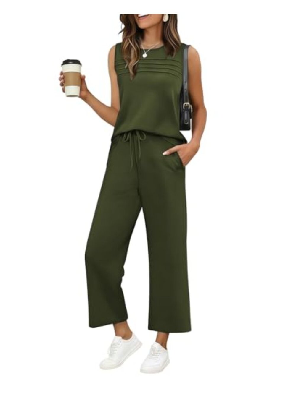 2 Piece Lounge Set Sleeveless Top Wide Leg Pants Side Pockets Casual Vacation